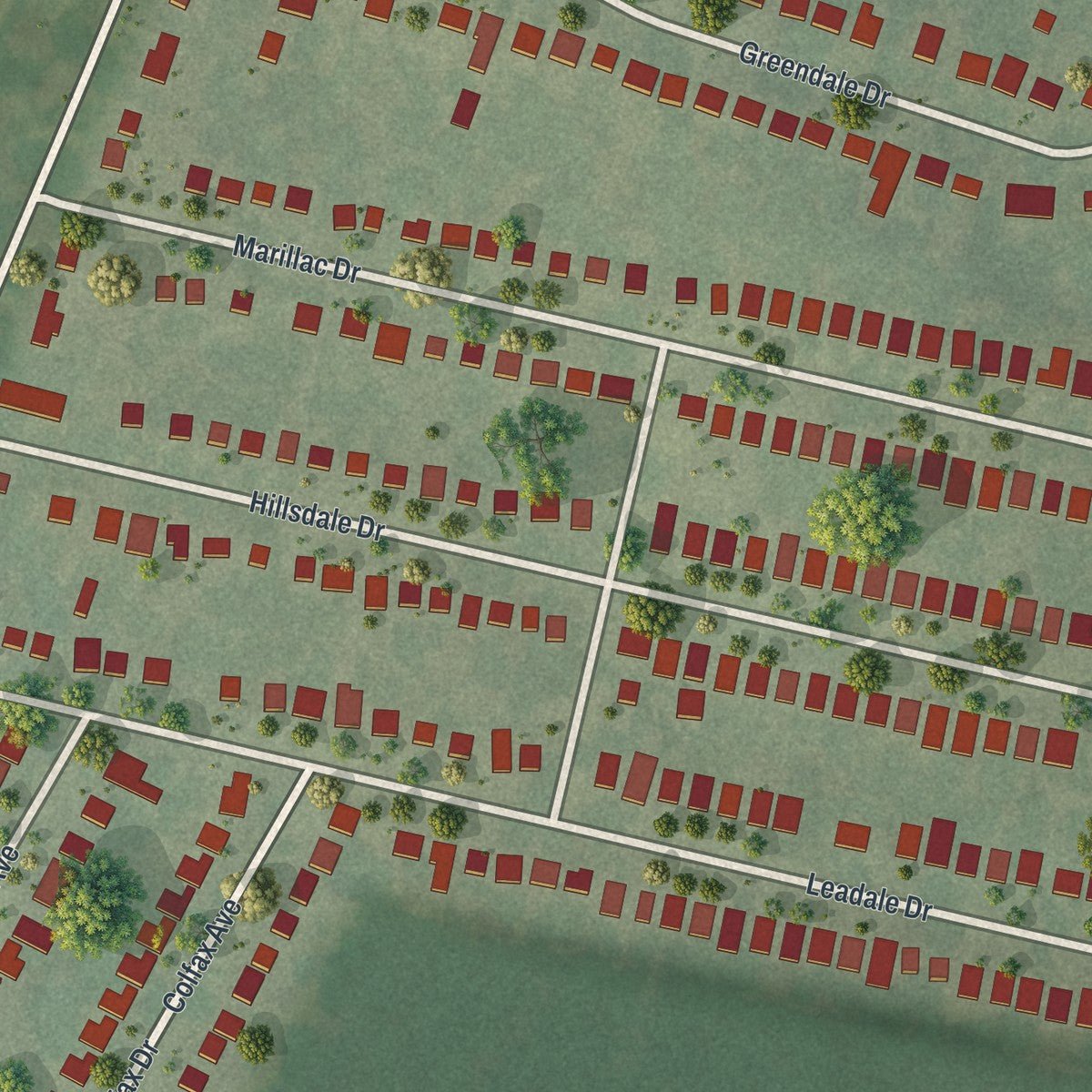 Close-up of the map of Greendale, Missouri print showing street and building detail