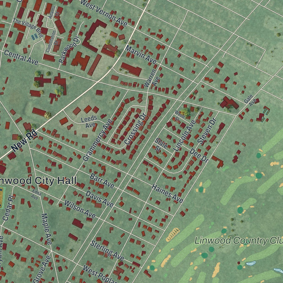 Close-up of the map of Linwood, New Jersey print showing street and building detail