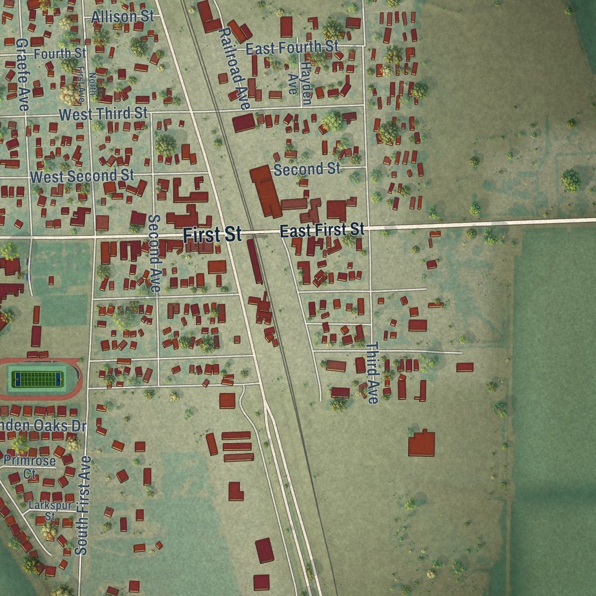 Close-up of the map of Ault, Colorado print showing street and building detail