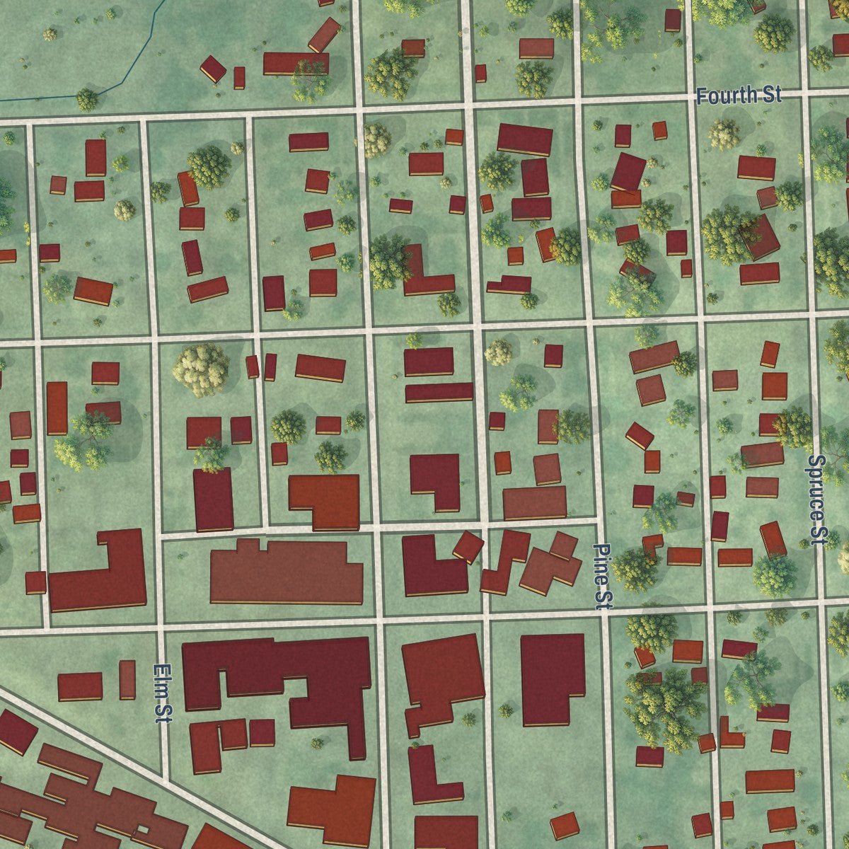 Close-up of the map of Dodge, Nebraska print showing street and building detail