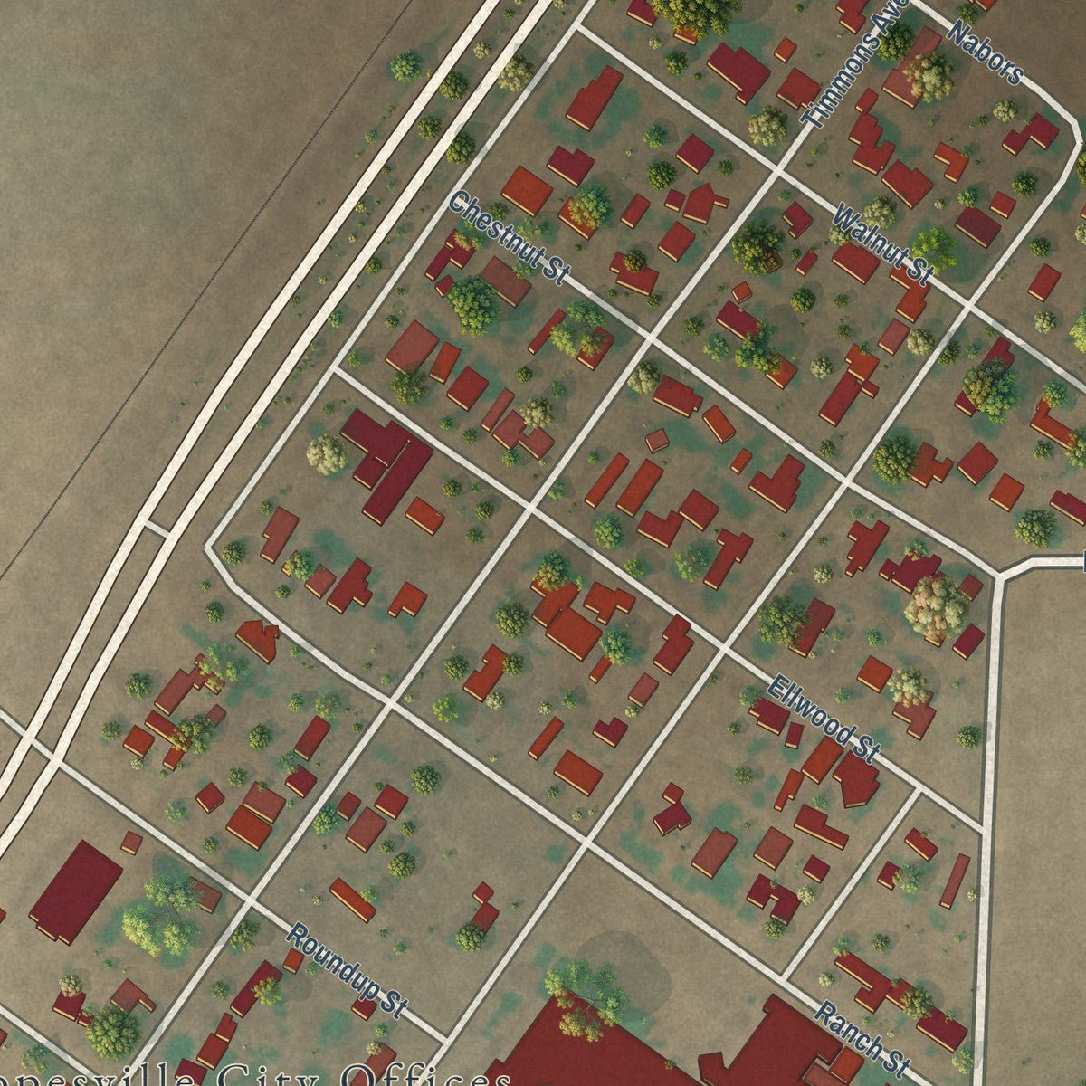 Close-up of the map of Ropesville, Texas print showing street and building detail