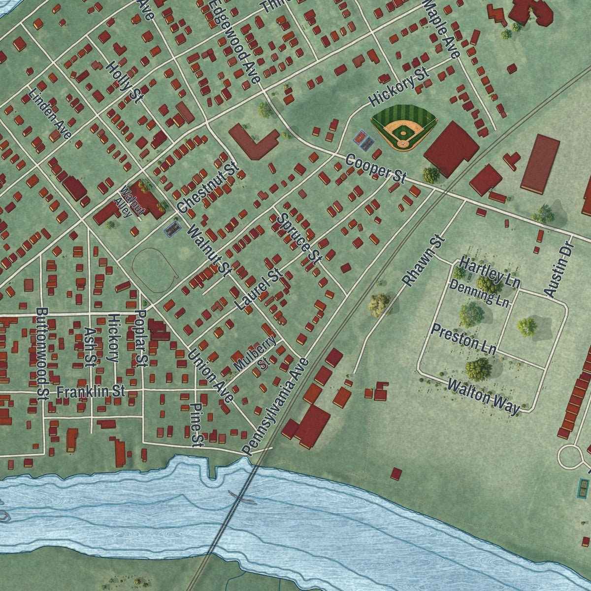 Close-up of the map of Delanco, New Jersey print showing street and building detail
