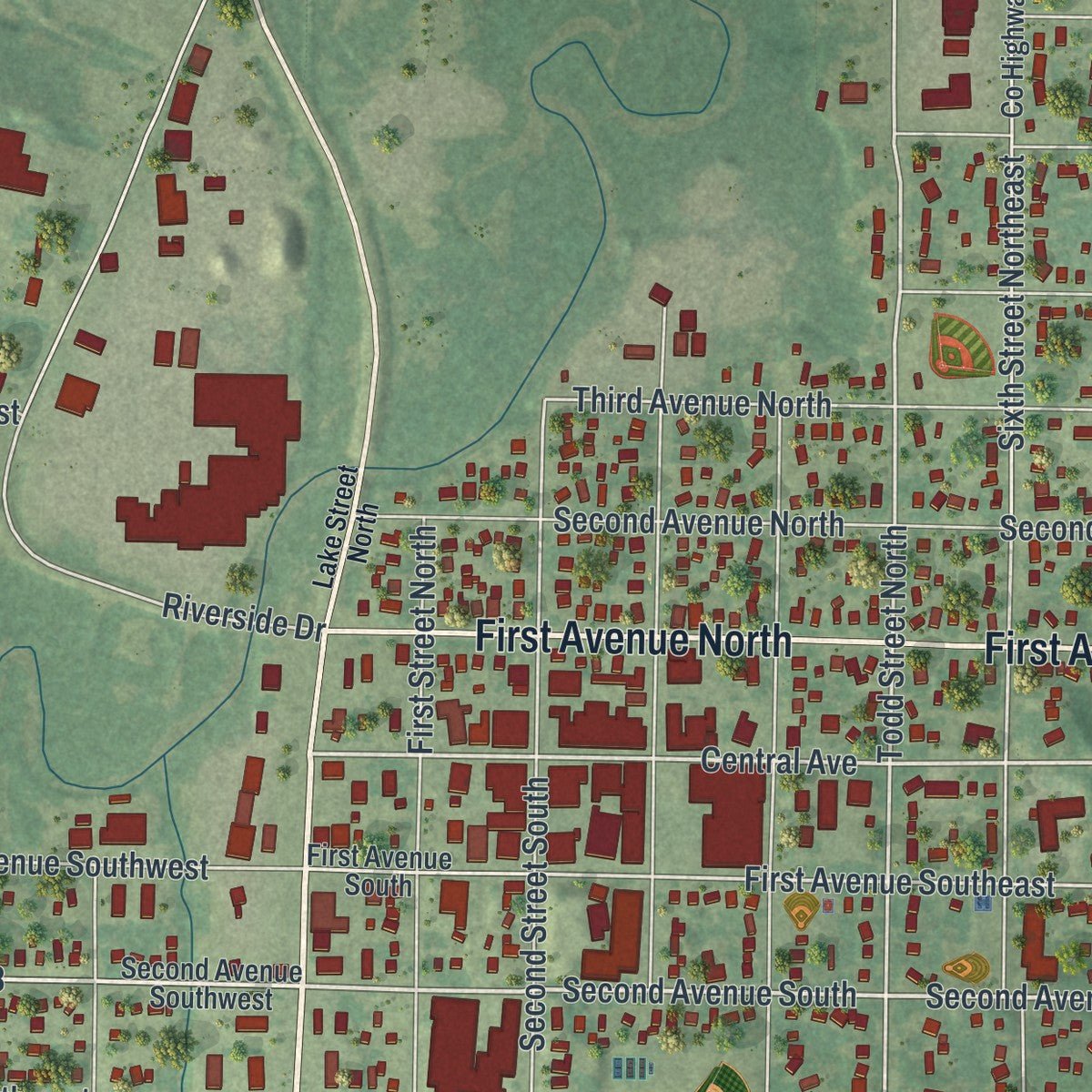 Close-up of the map of Long Prairie, Minnesota print showing street and building detail