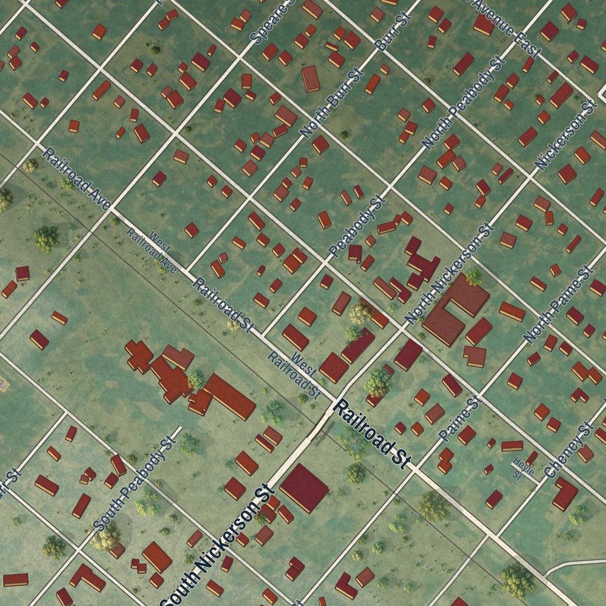 Close-up of the map of Nickerson, Kansas print showing street and building detail