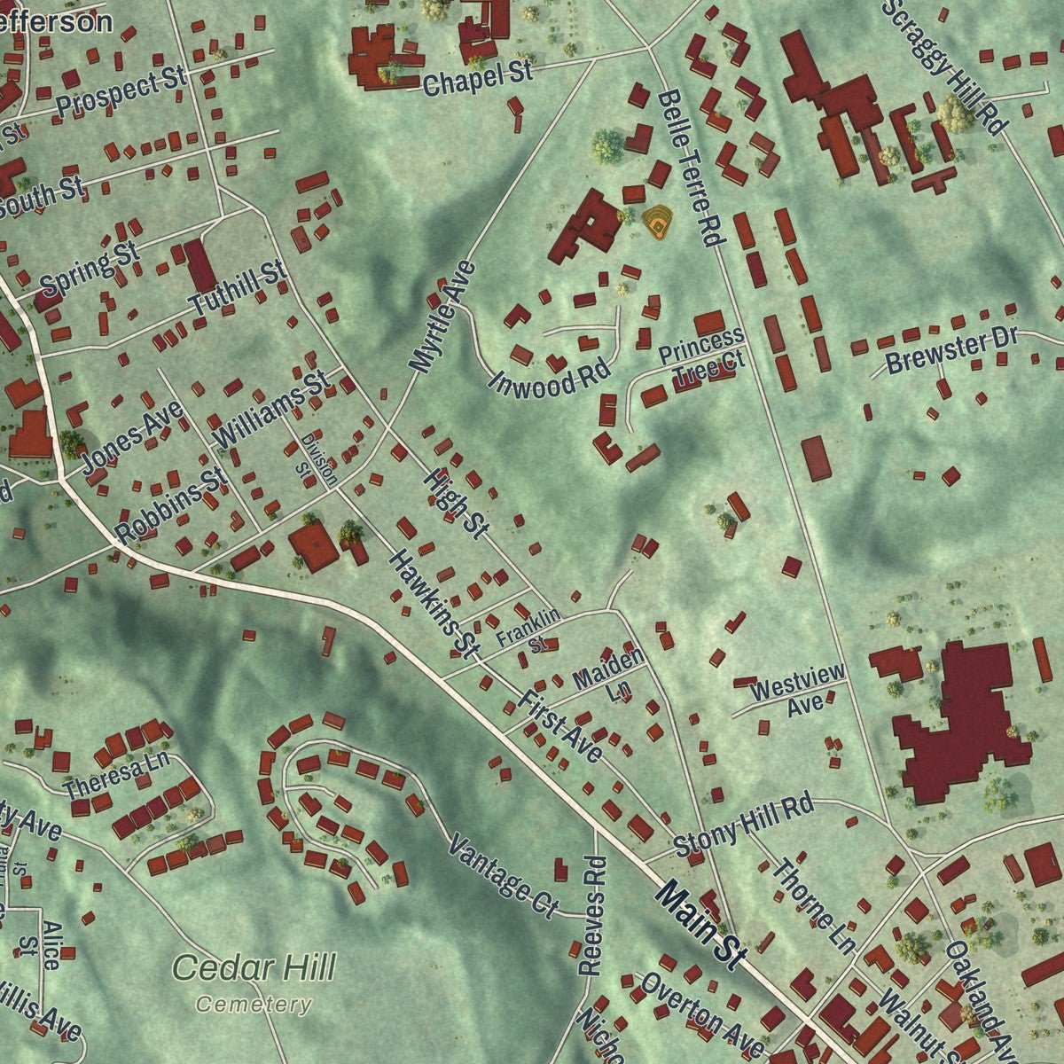 Close-up of the map of Port Jefferson, New York print showing street and building detail