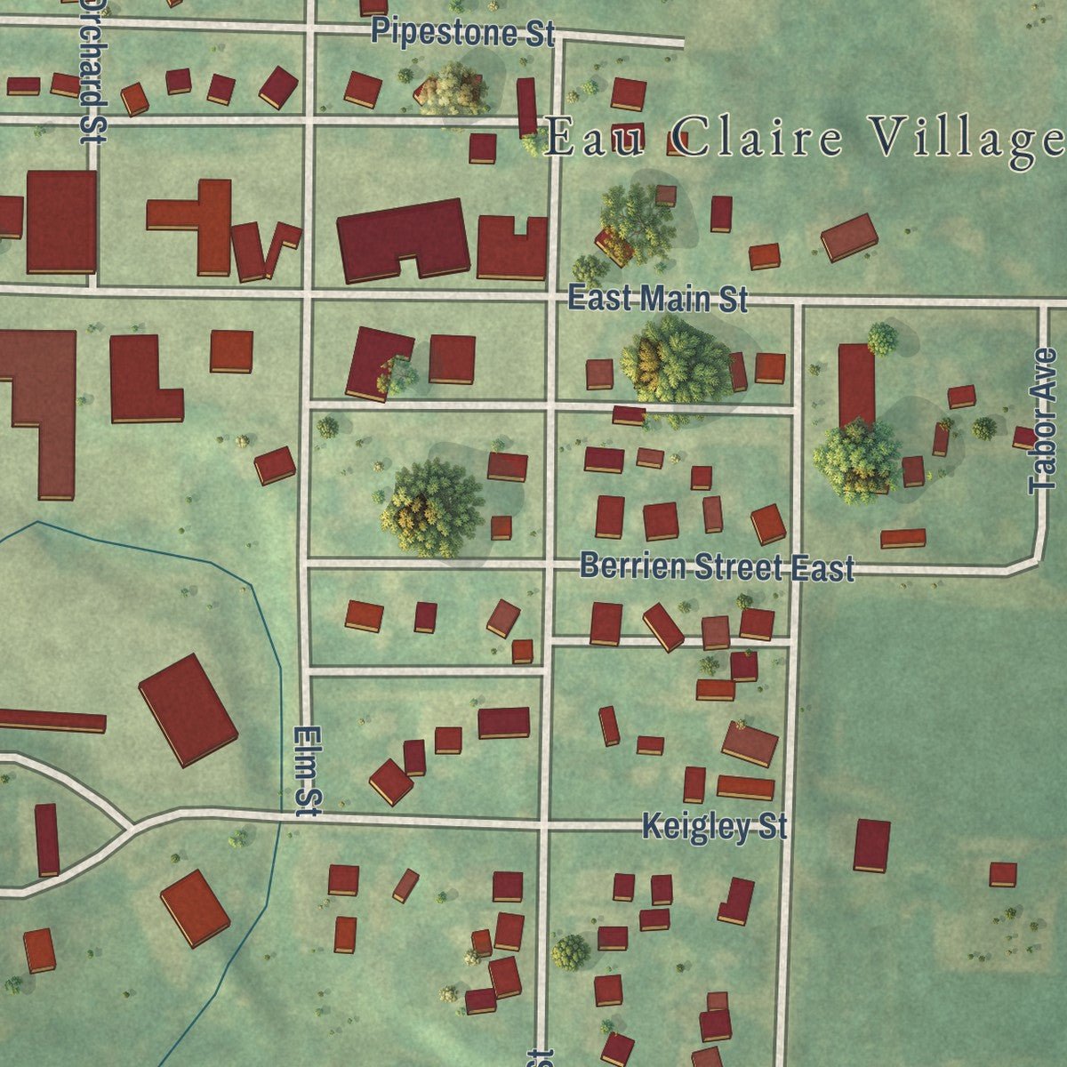Close-up of the map of Eau Claire, Michigan print showing street and building detail
