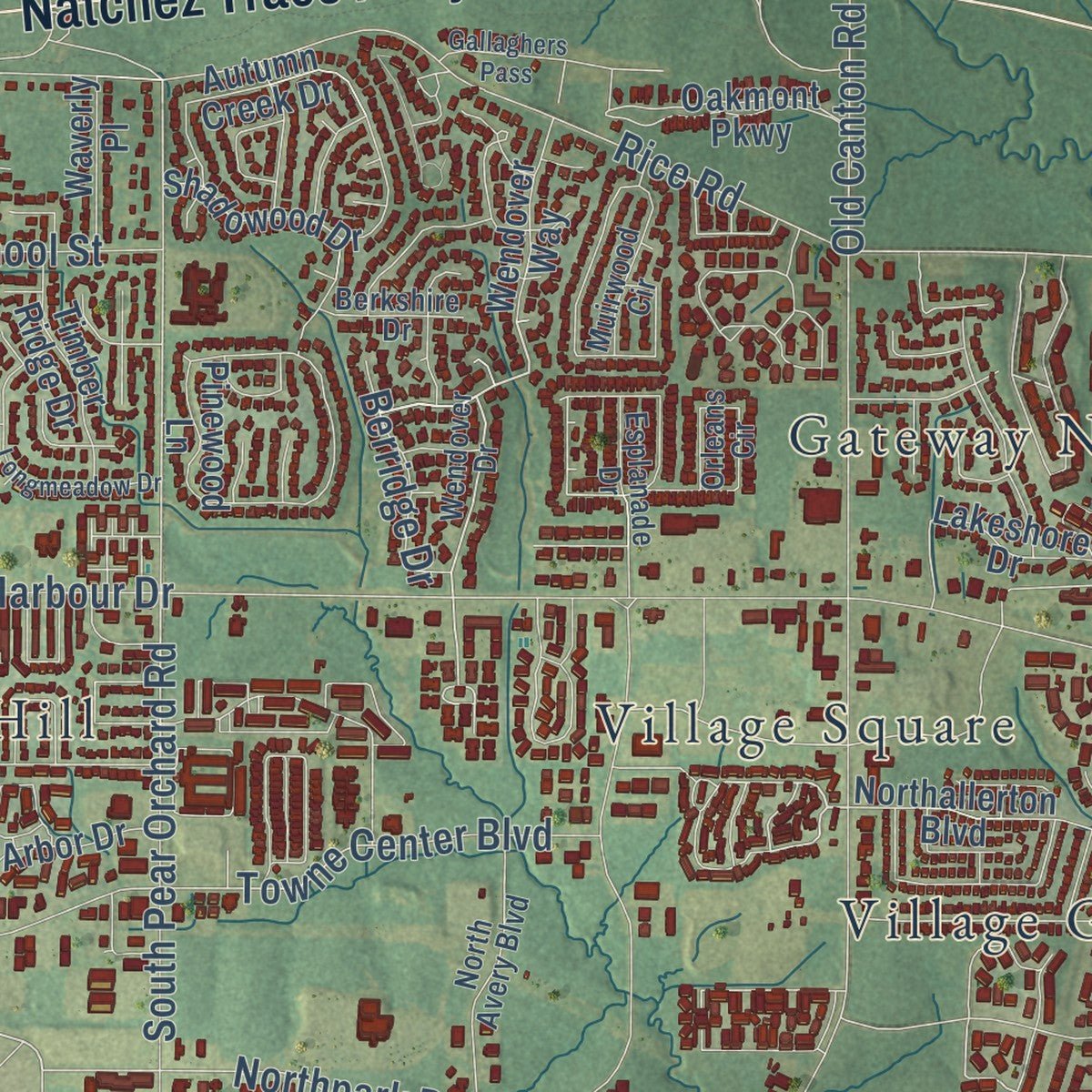 Close-up of the map of Ridgeland, Mississippi print showing street and building detail