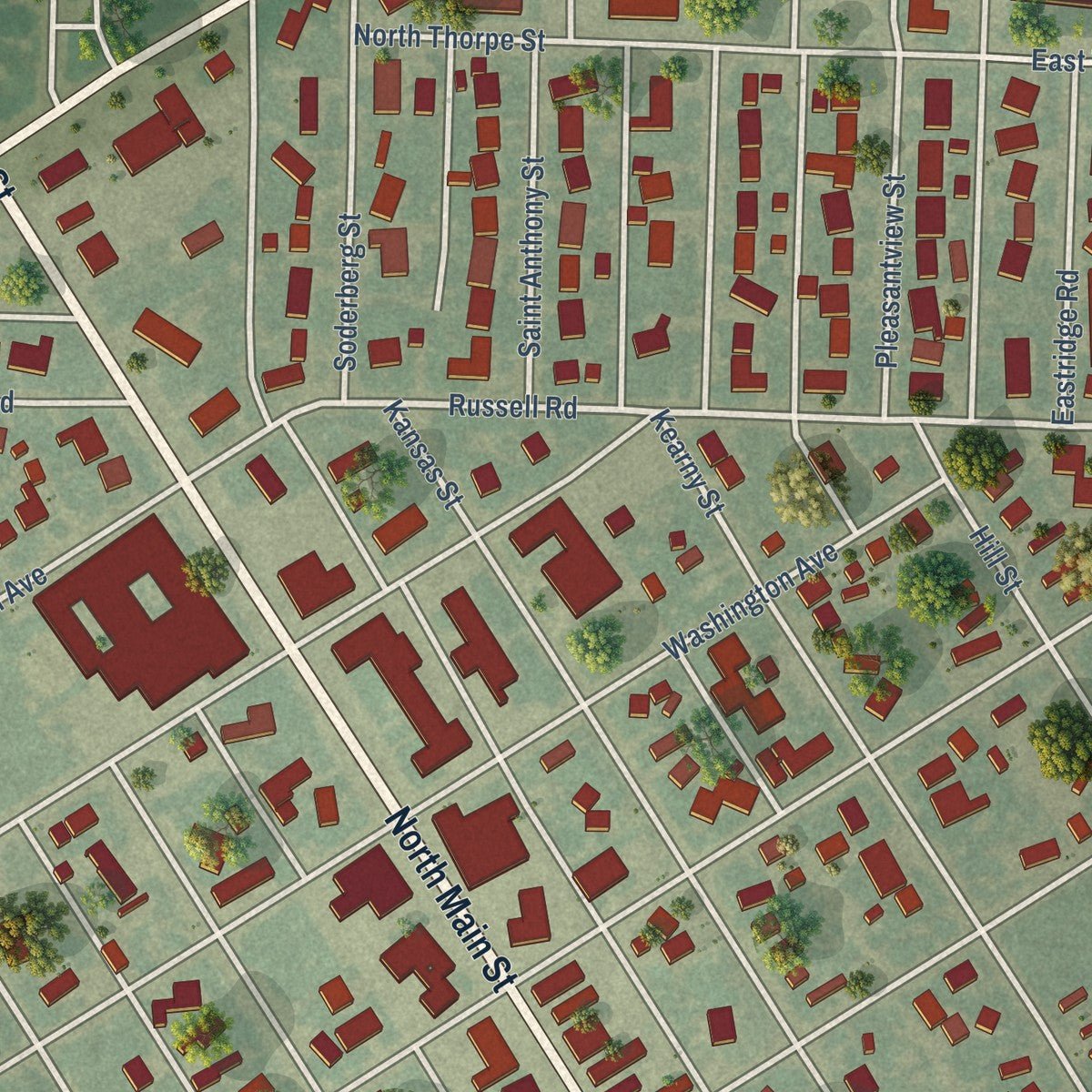 Close-up of the map of Lakin, Kansas print showing street and building detail