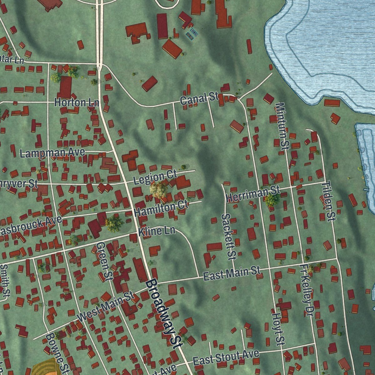 Close-up of the map of Port Ewen, New York print showing street and building detail