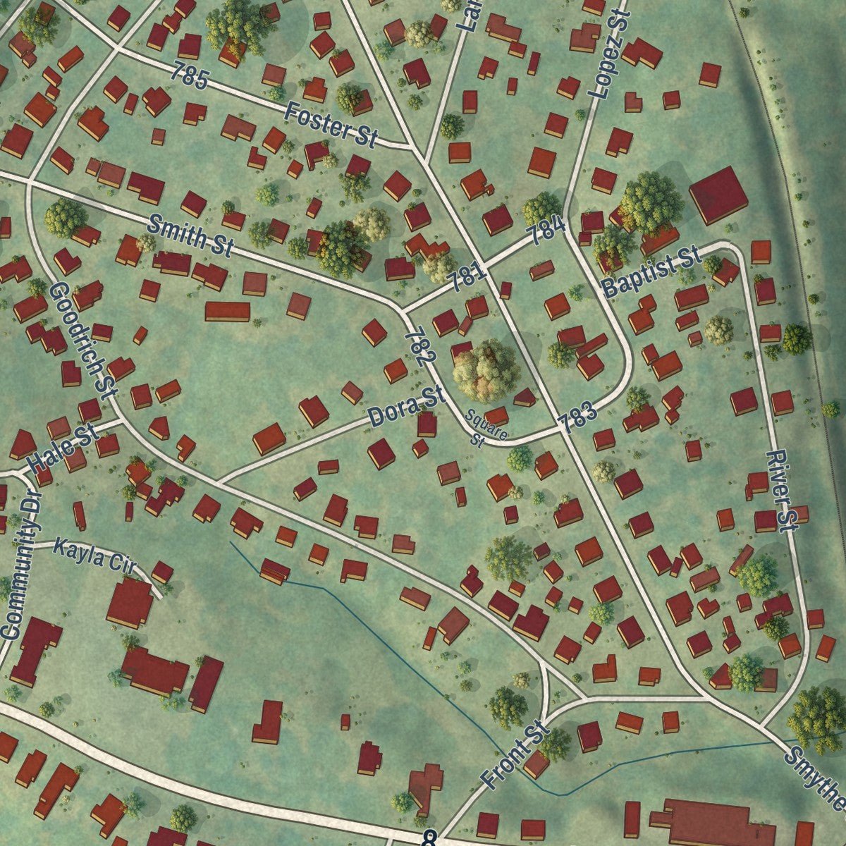 Close-up of the map of Pelzer, South Carolina print showing street and building detail