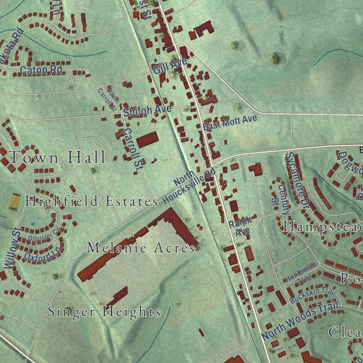 Close-up of the map of Hampstead, Maryland print showing street and building detail