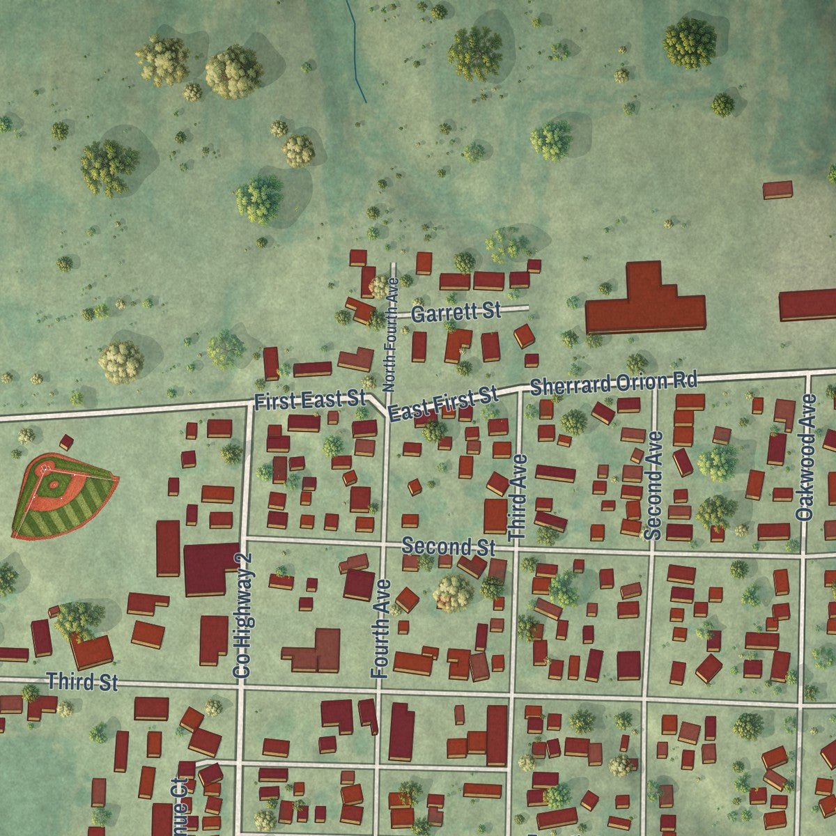 Close-up of the map of Sherrard, Illinois print showing street and building detail