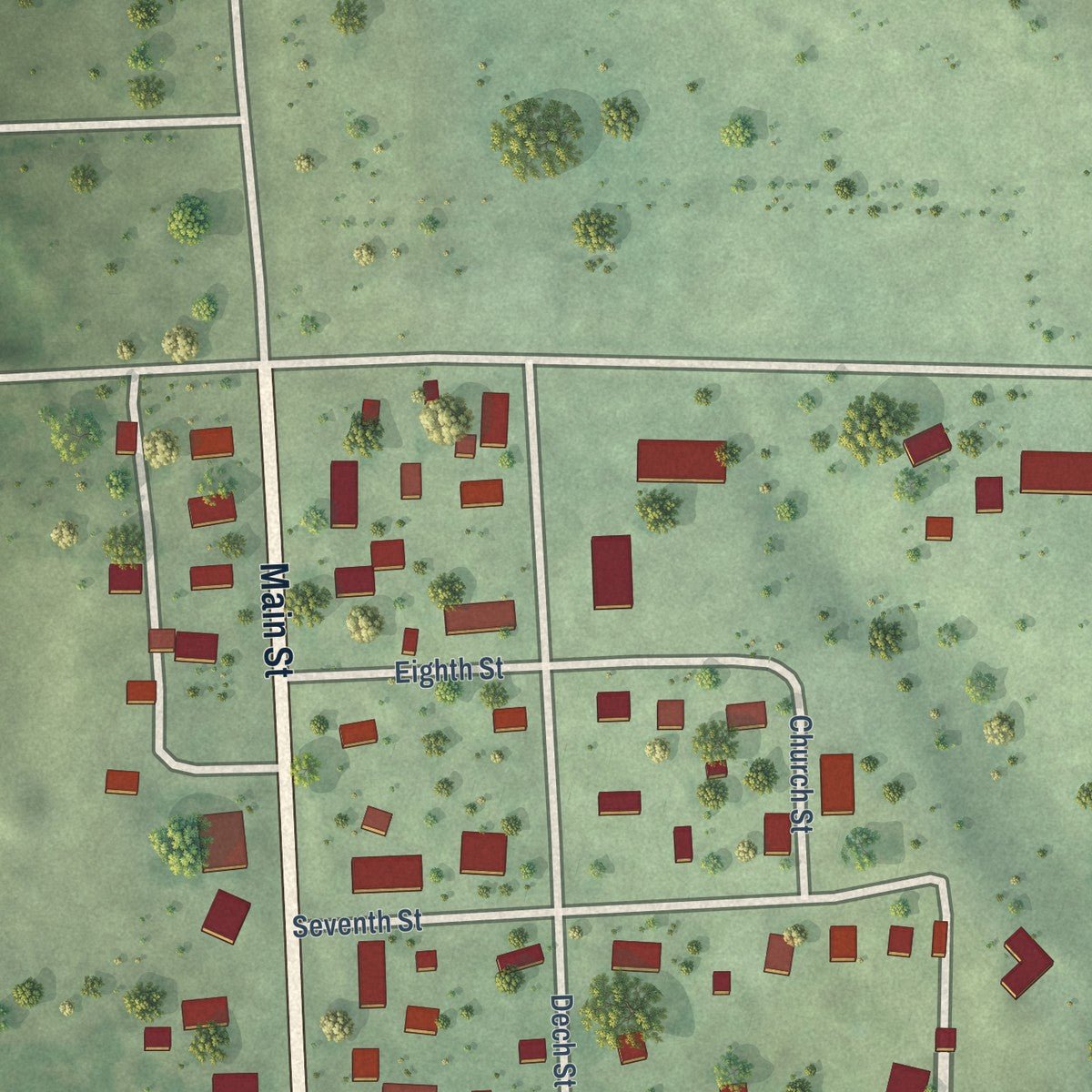 Close-up of the map of Ithaca, Nebraska print showing street and building detail