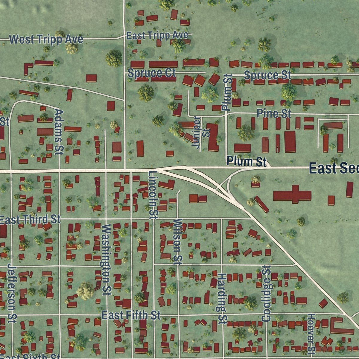 Close-up of the map of Winner, South Dakota print showing street and building detail