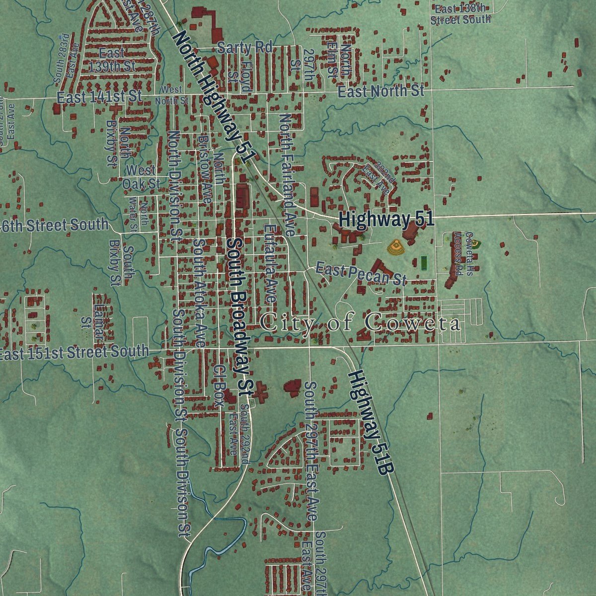 Close-up of the map of Coweta, Oklahoma print showing street and building detail