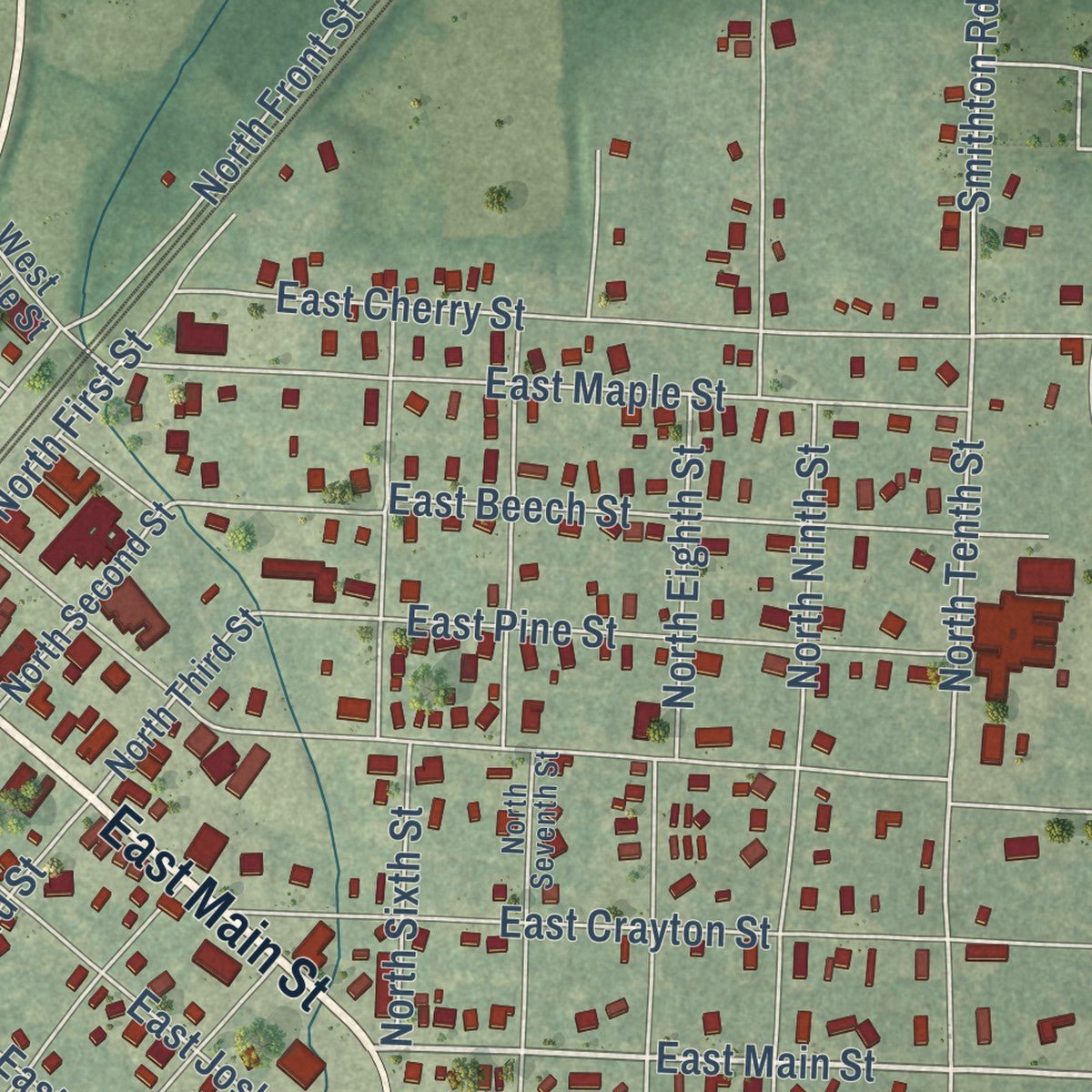 Close-up of the map of Gurdon, Arkansas print showing street and building detail