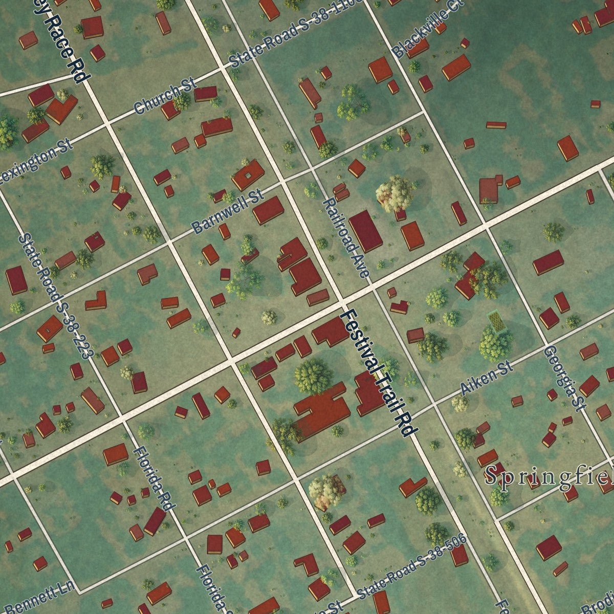 Close-up of the map of Springfield, South Carolina print showing street and building detail