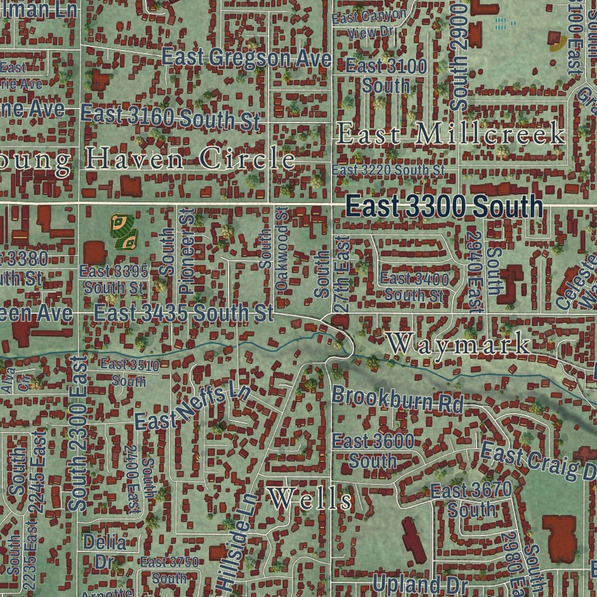 Close-up of the map of Millcreek, Utah print showing street and building detail