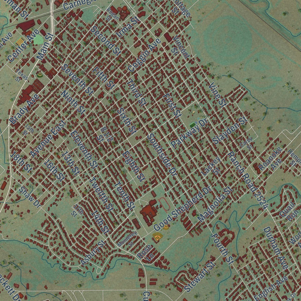 Close-up of the map of Brownwood, Texas print showing street and building detail