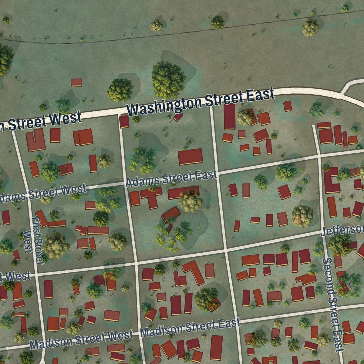 Close-up of the map of Huntington, Oregon print showing street and building detail