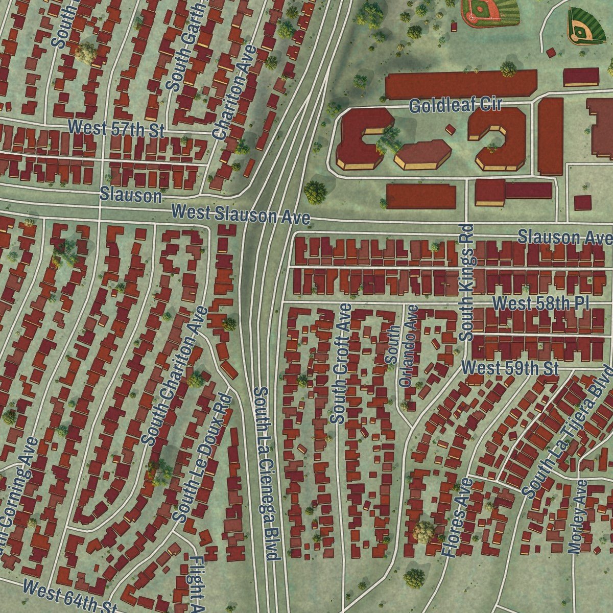 Close-up of the map of Ladera Heights, California print showing street and building detail