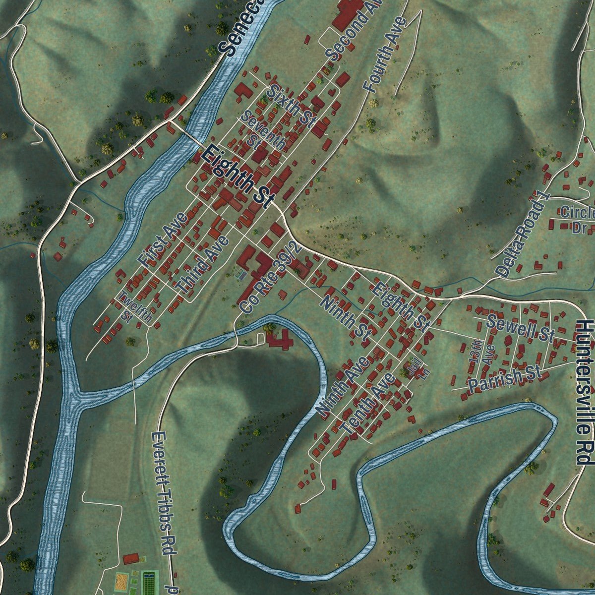 Close-up of the map of Marlinton, West Virginia print showing street and building detail