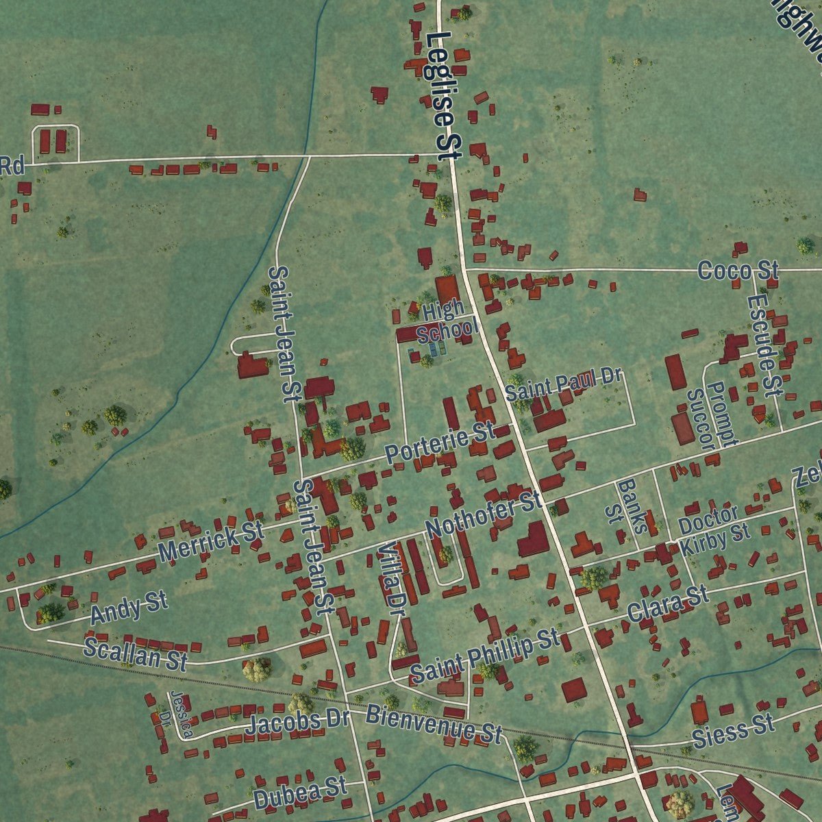 Close-up of the map of Mansura, Louisiana print showing street and building detail