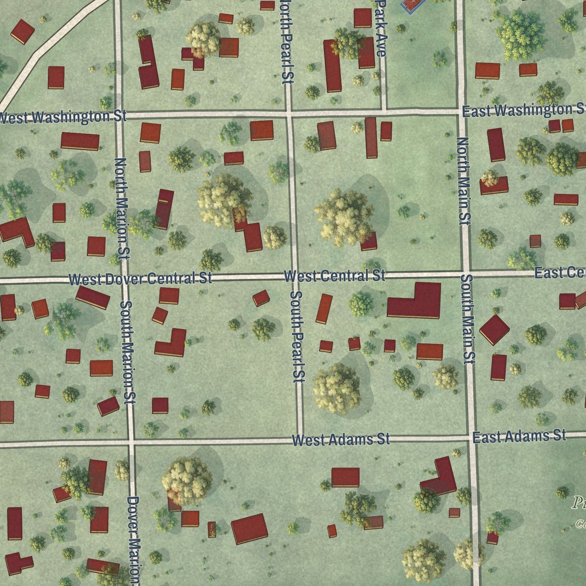Close-up of the map of Dover, Illinois print showing street and building detail