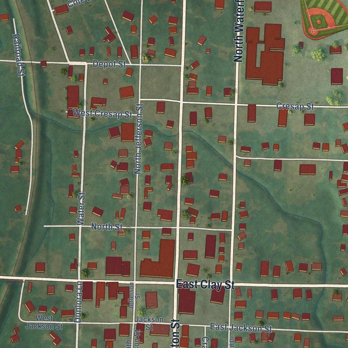 Close-up of the map of Clinton, Kentucky print showing street and building detail