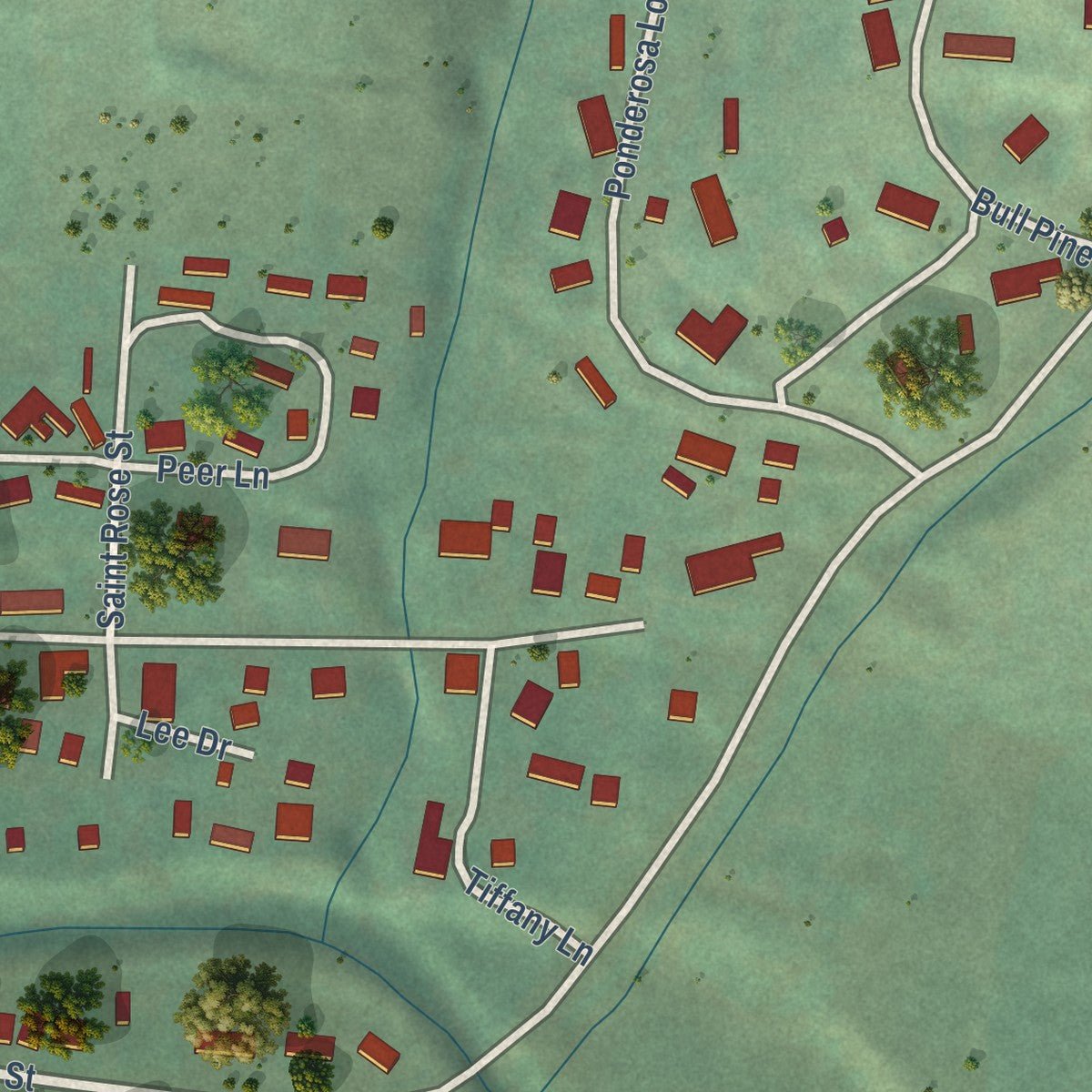 Close-up of the map of Culdesac, Idaho print showing street and building detail