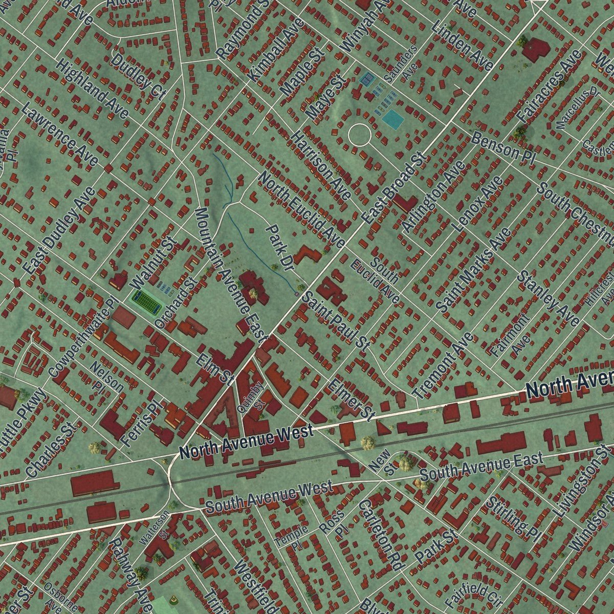 Close-up of the map of Westfield, New Jersey print showing street and building detail