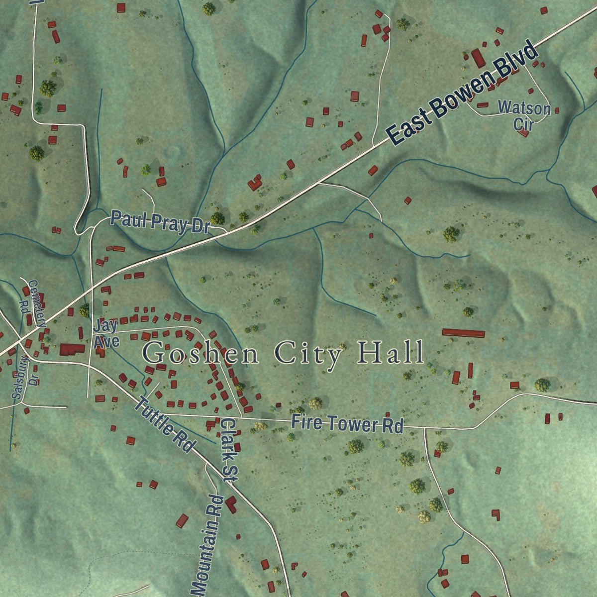 Close-up of the map of Goshen, Arkansas print showing street and building detail