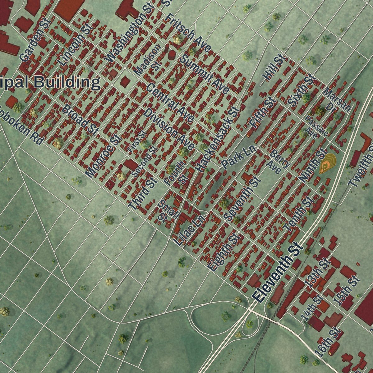 Close-up of the map of Carlstadt, New Jersey print showing street and building detail