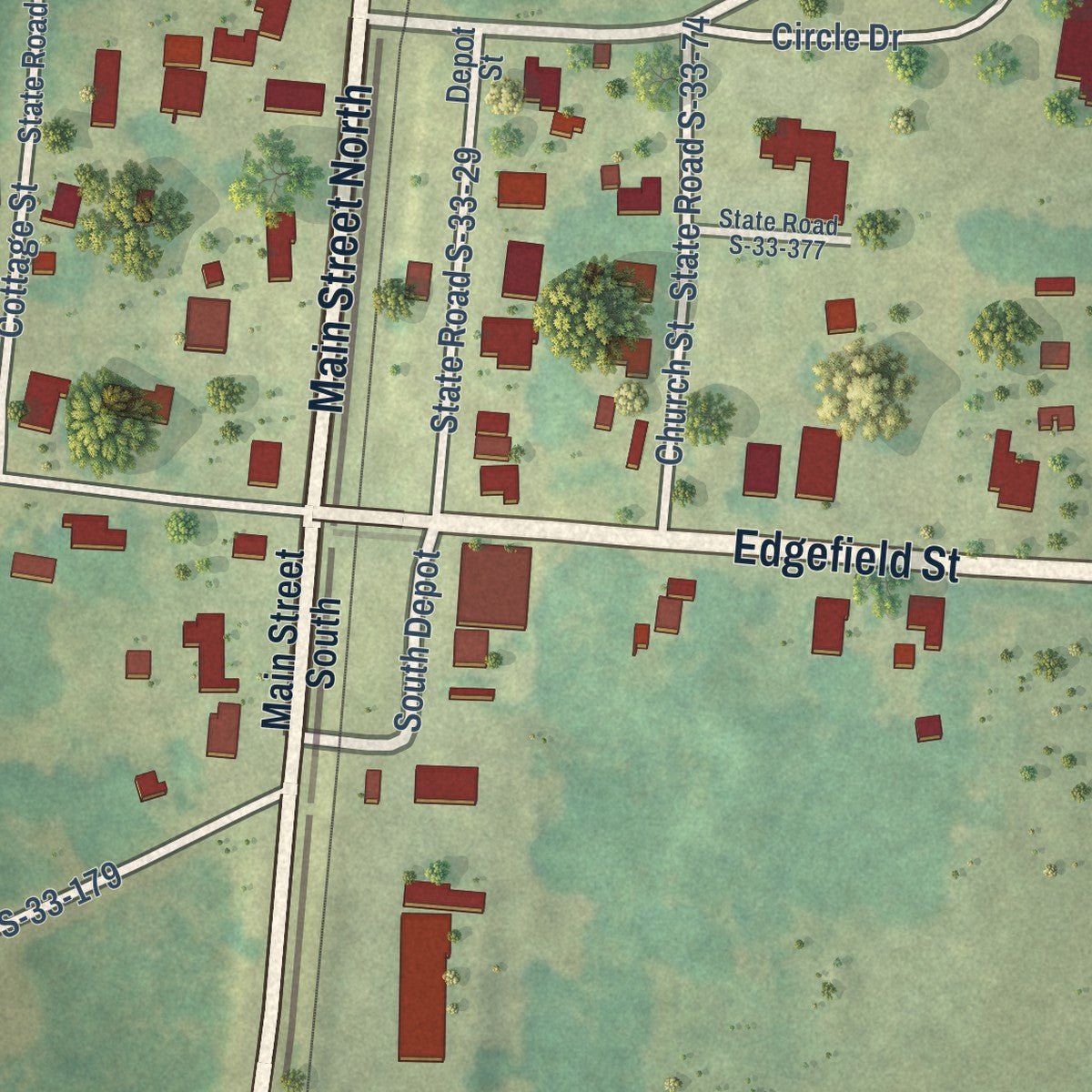 Close-up of the map of Plum Branch, South Carolina print showing street and building detail