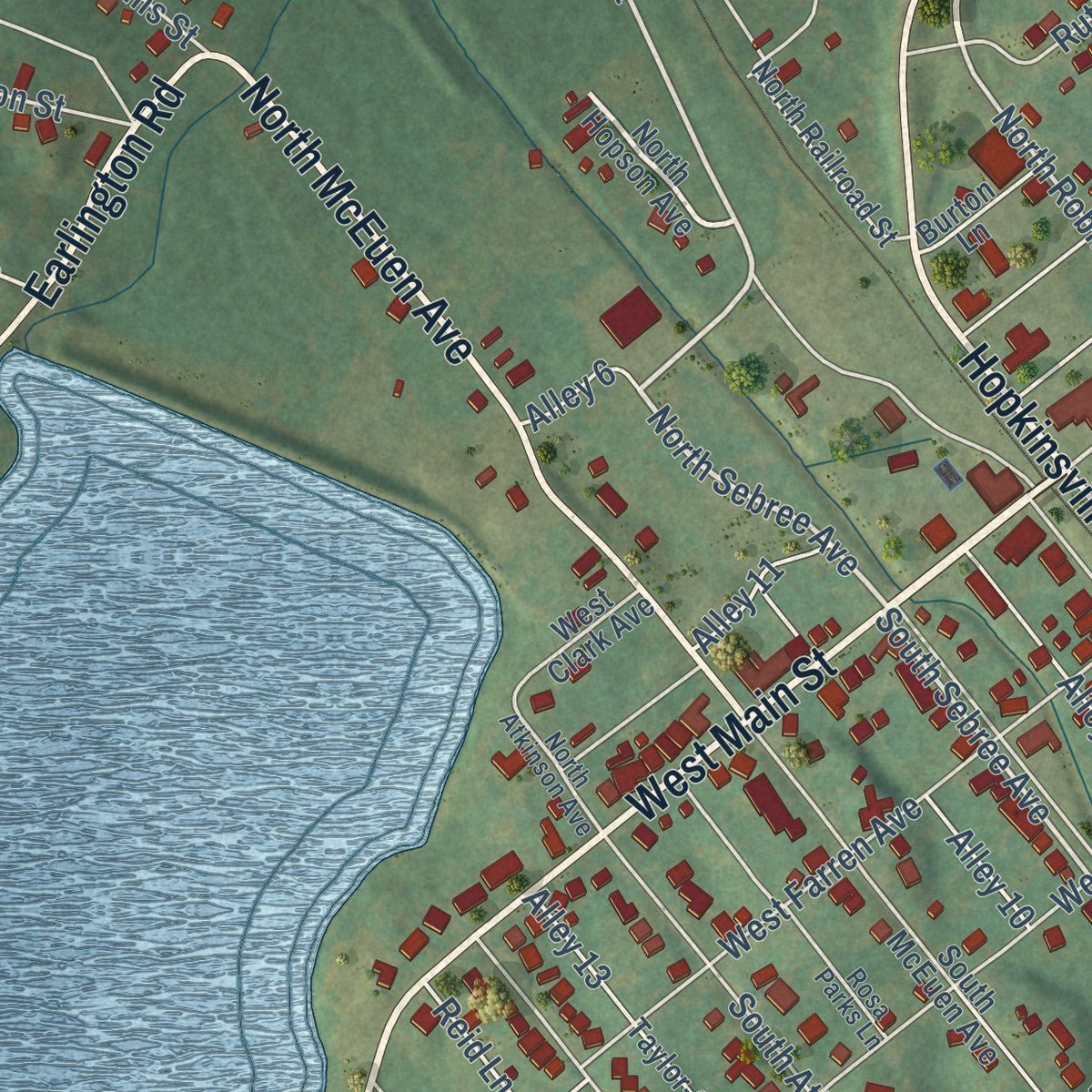 Close-up of the map of Earlington, Kentucky print showing street and building detail