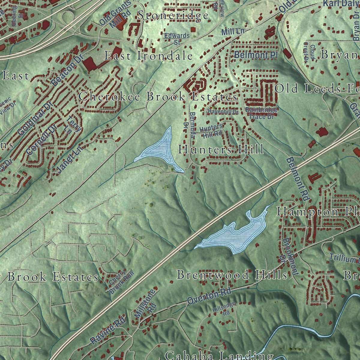 Close-up of the map of Irondale, Alabama print showing street and building detail