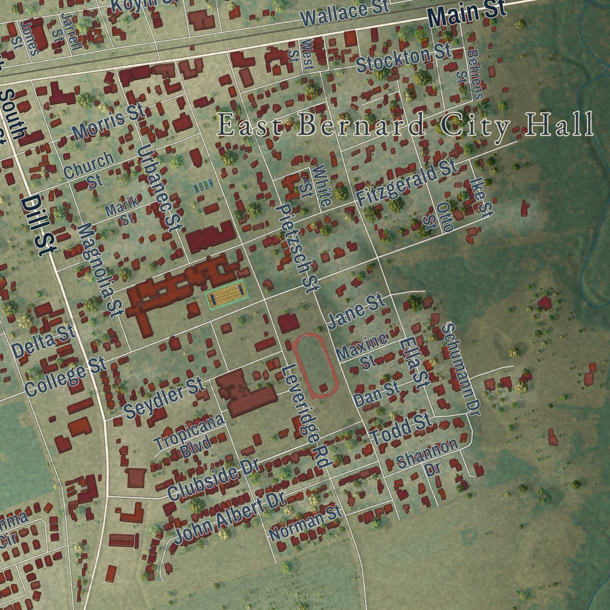 Close-up of the map of East Bernard, Texas print showing street and building detail