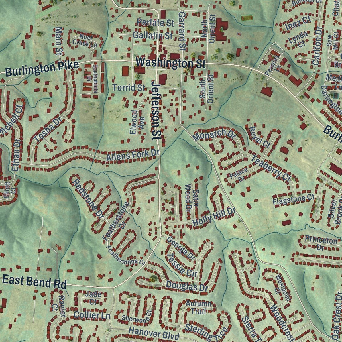 Close-up of the map of Burlington, Kentucky print showing street and building detail