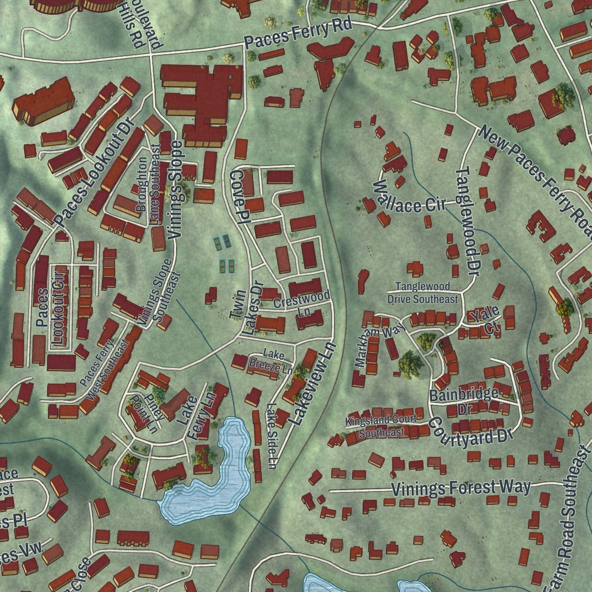 Close-up of the map of Vinings, Georgia print showing street and building detail