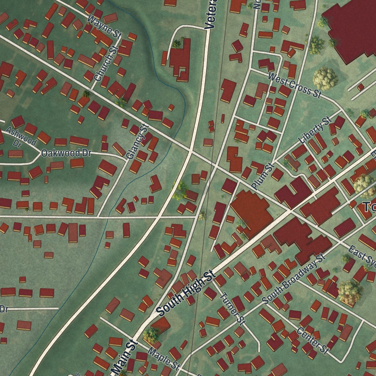 Close-up of the map of Columbus Grove, Ohio print showing street and building detail