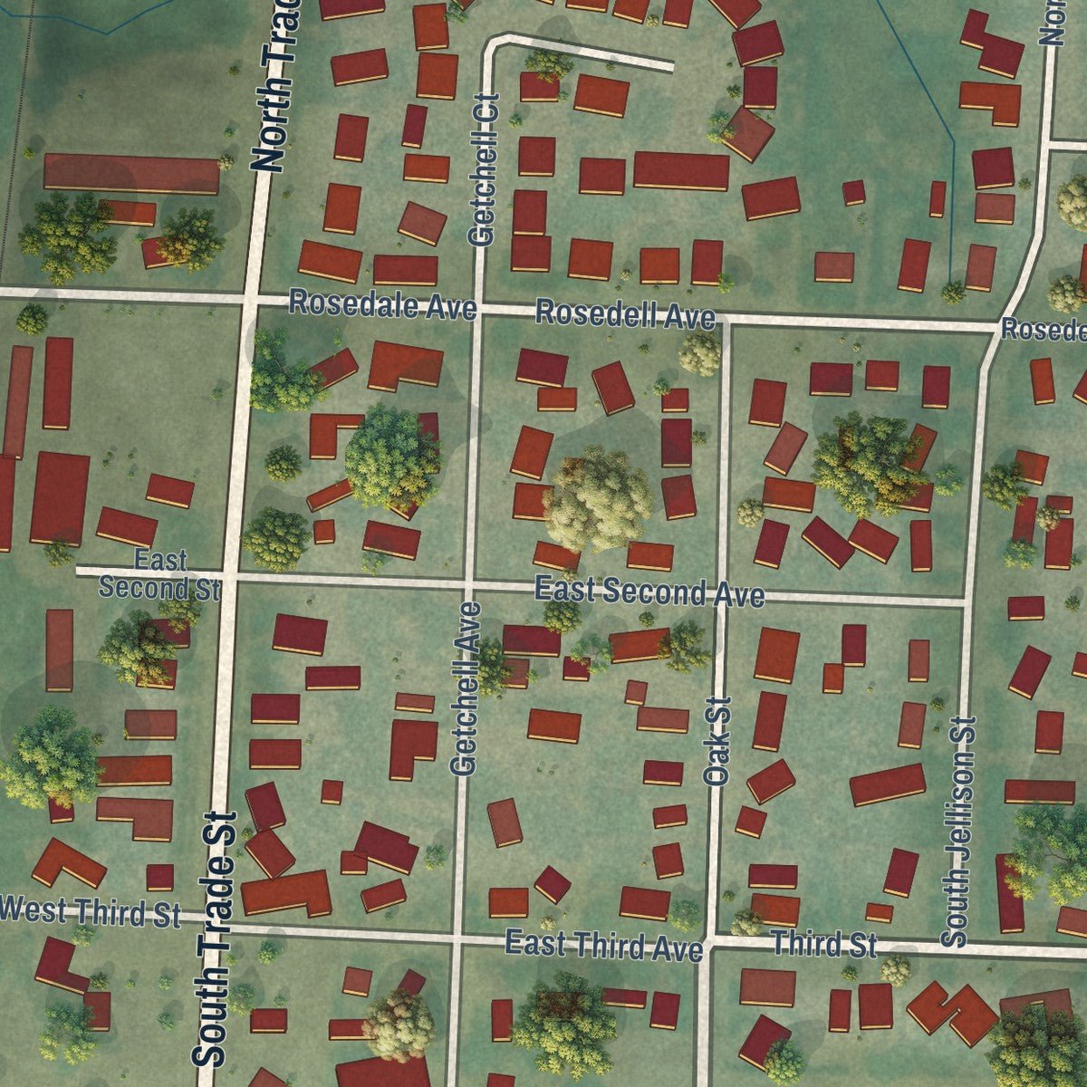 Close-up of the map of Amity, Oregon print showing street and building detail