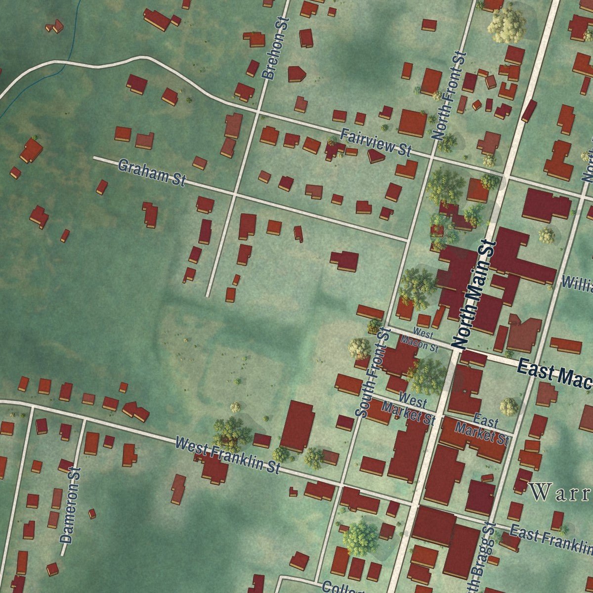 Close-up of the map of Warrenton, North Carolina print showing street and building detail