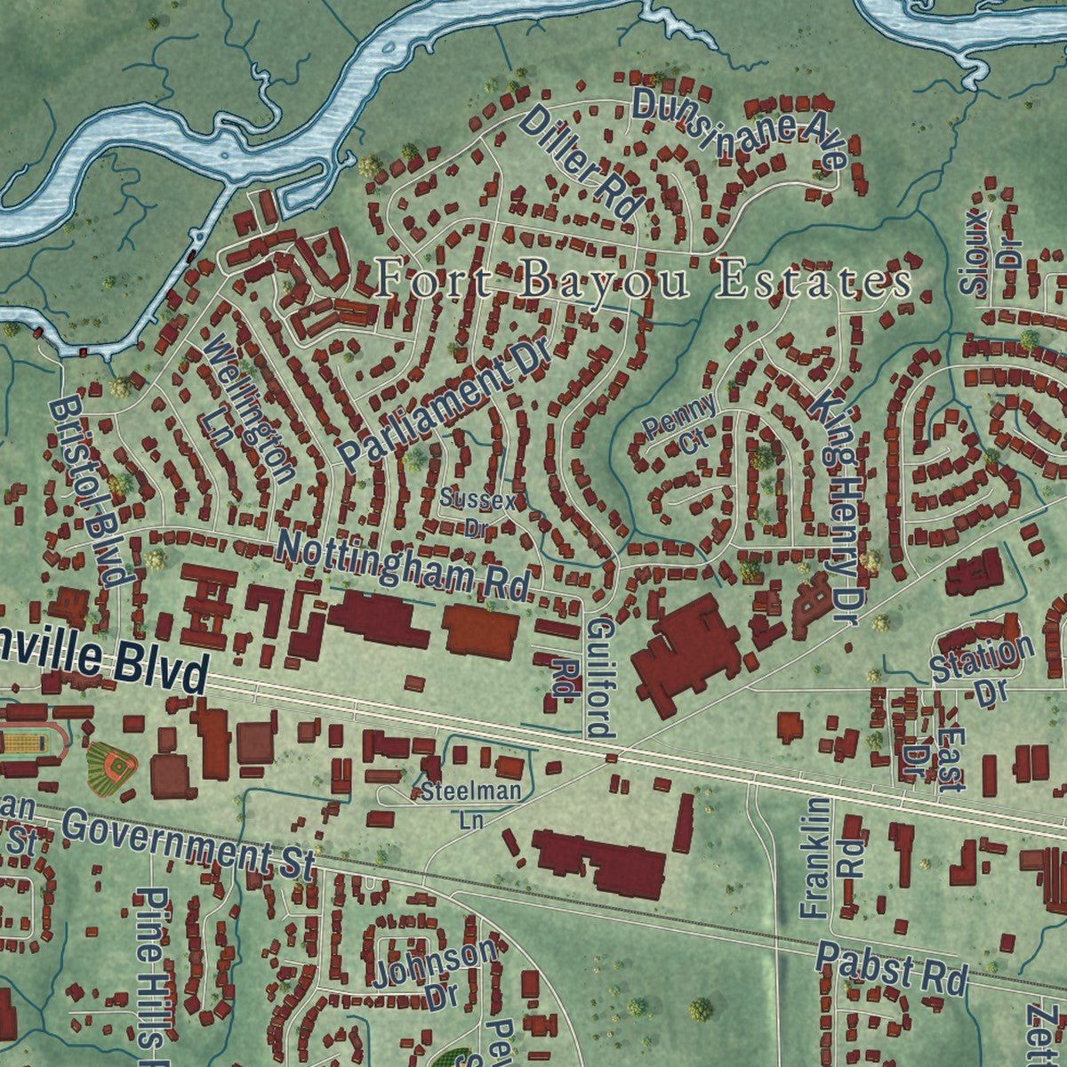 Close-up of the map of Ocean Springs, Mississippi print showing street and building detail