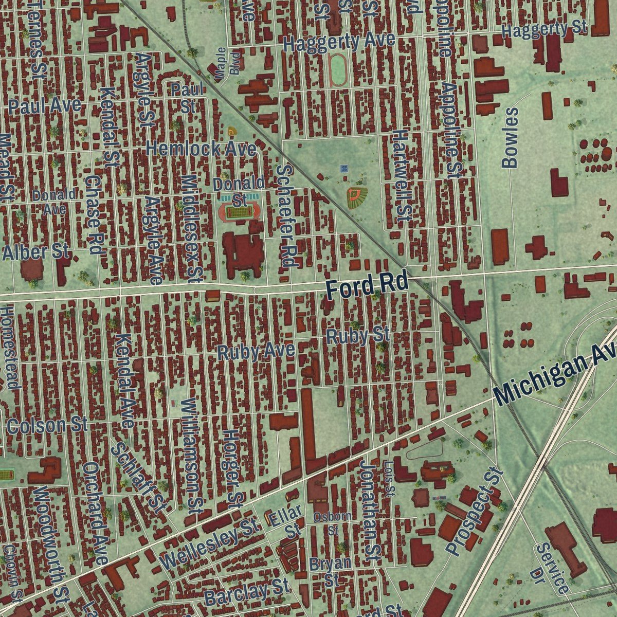 Close-up of the map of Dearborn, Michigan print showing street and building detail