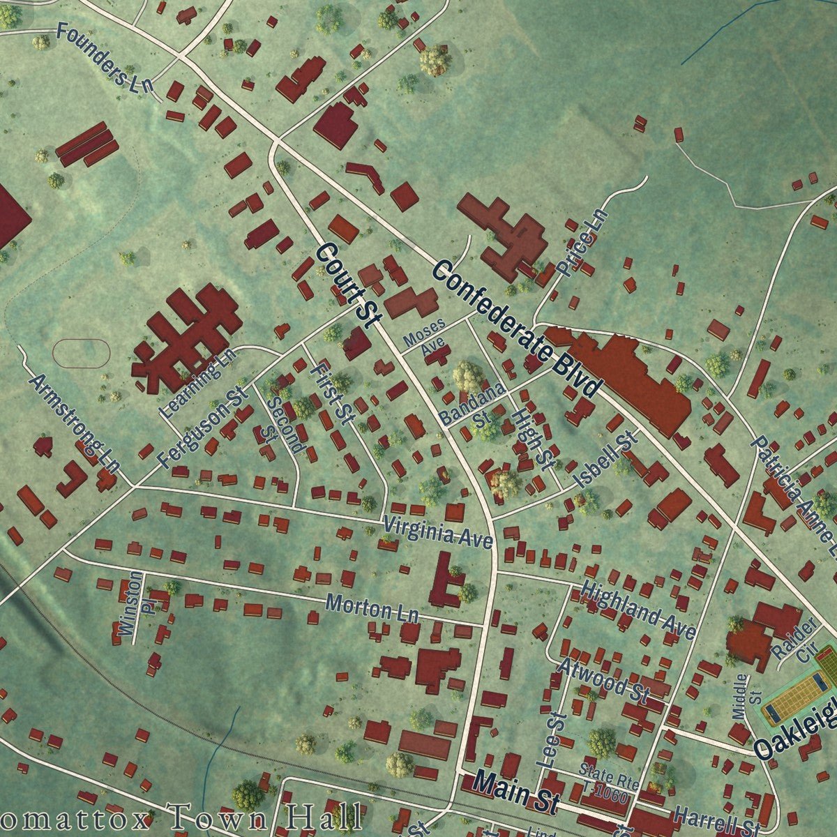 Close-up of the map of Appomattox, Virginia print showing street and building detail