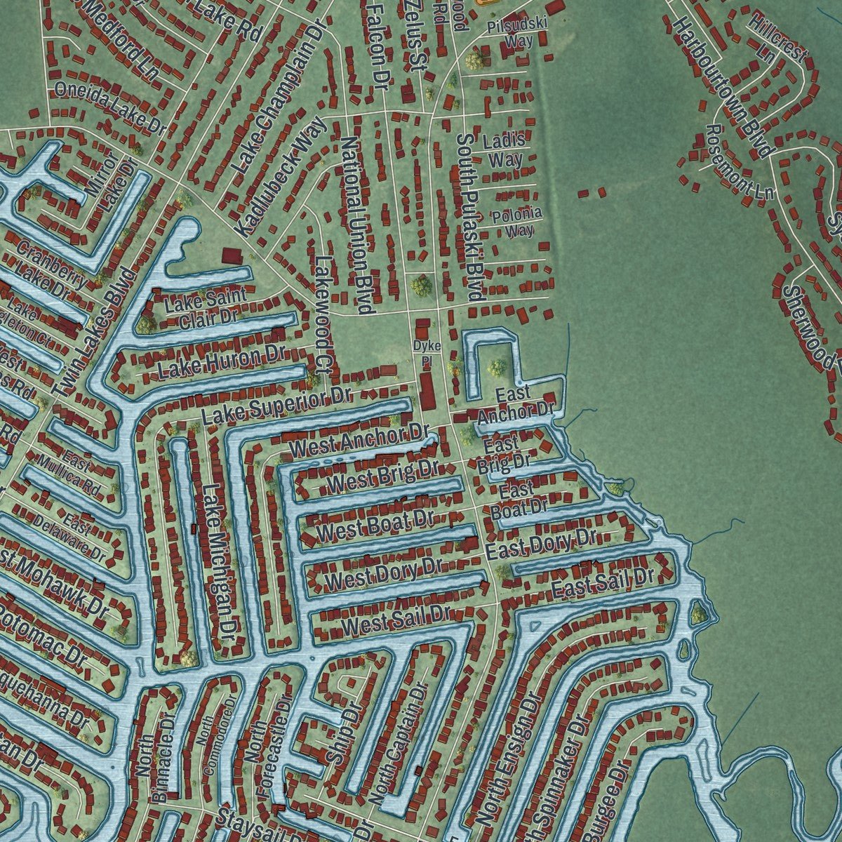 Close-up of the map of Mystic Island, New Jersey print showing street and building detail