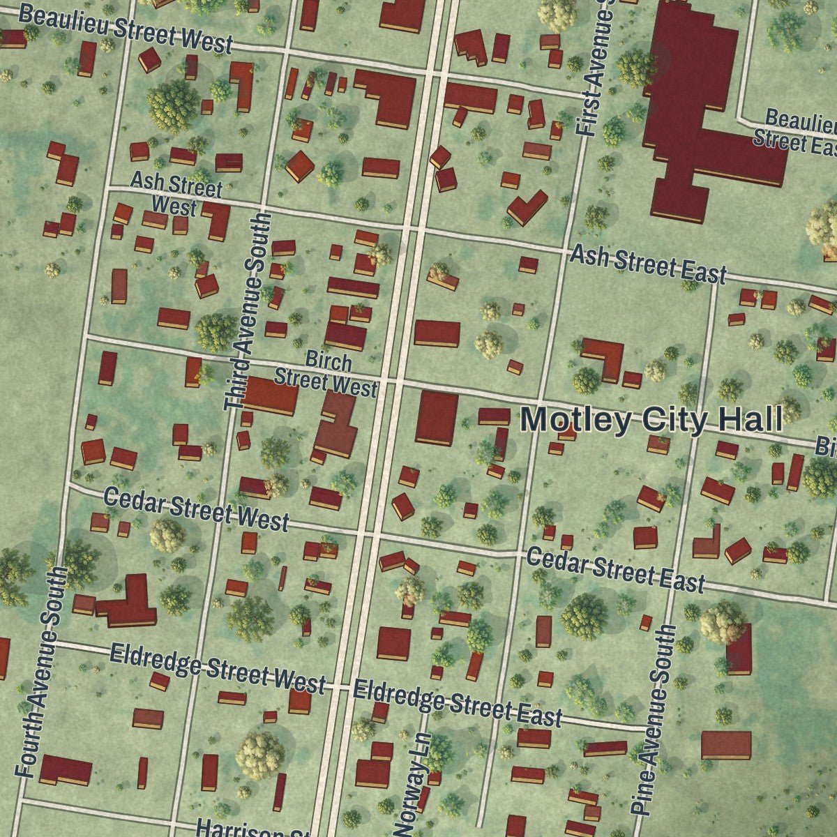 Close-up of the map of Motley, Minnesota print showing street and building detail