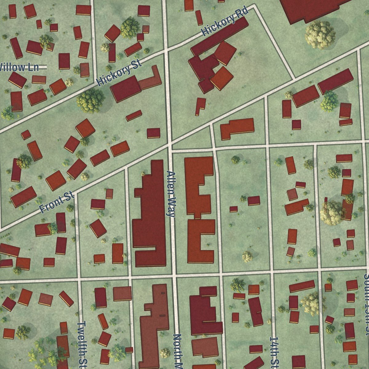 Close-up of the map of Henderson, Nebraska print showing street and building detail