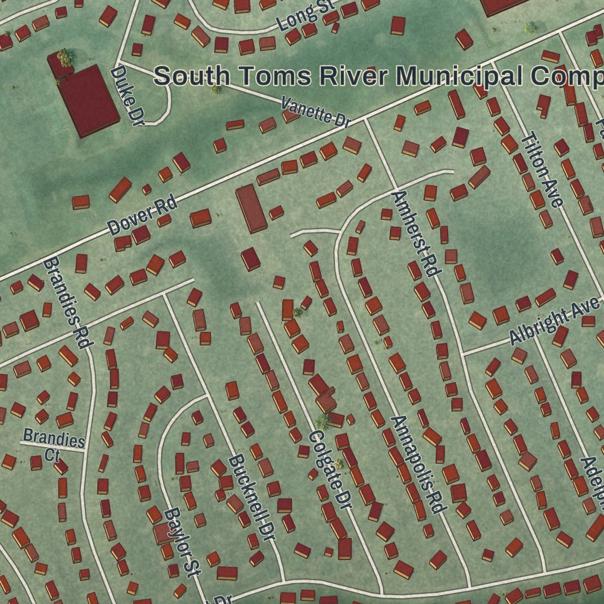Close-up of the map of South Toms River, New Jersey print showing street and building detail