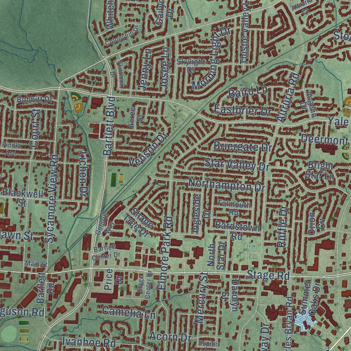 Close-up of the map of Bartlett, Tennessee print showing street and building detail
